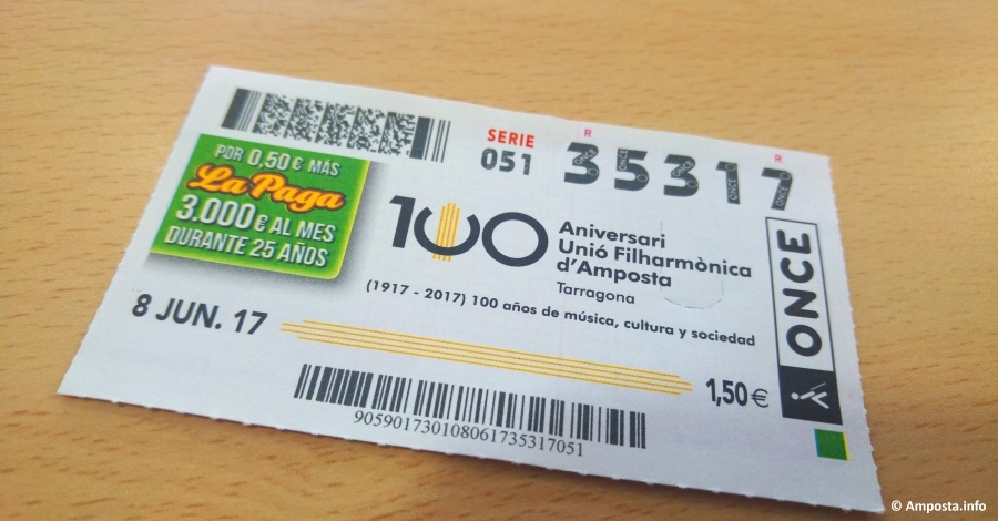 L&rsquo;ONCE emet un cup� commemoratiu del centenari de la Uni� Filharm�nica d&rsquo;Amposta