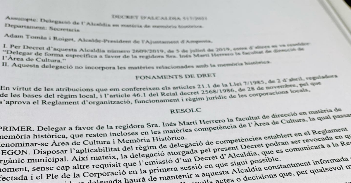 La regidoria de Cultura passa a denominar-se regidoria de Cultura i Mem�ria Hist�rica